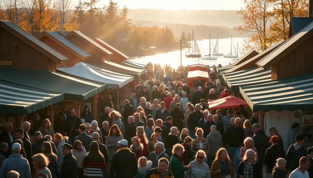 A vibrant crowd gathers at a lively Finnish festival, surrounded by traditional wooden architecture and a captivating array of colorful tents, stalls, and food trucks. Warm sunlight filters through the crisp autumn air, casting a golden glow over the scene. In the foreground, people mingle and browse an eclectic selection of handcrafted goods, while musicians perform lively folk tunes. In the middle ground, children play games and families savor local delicacies. The background features a picturesque lakeside setting, with a few sailboats dotting the horizon. The overall atmosphere exudes a sense of cultural celebration, community, and the unique charm of Finland's festival traditions.