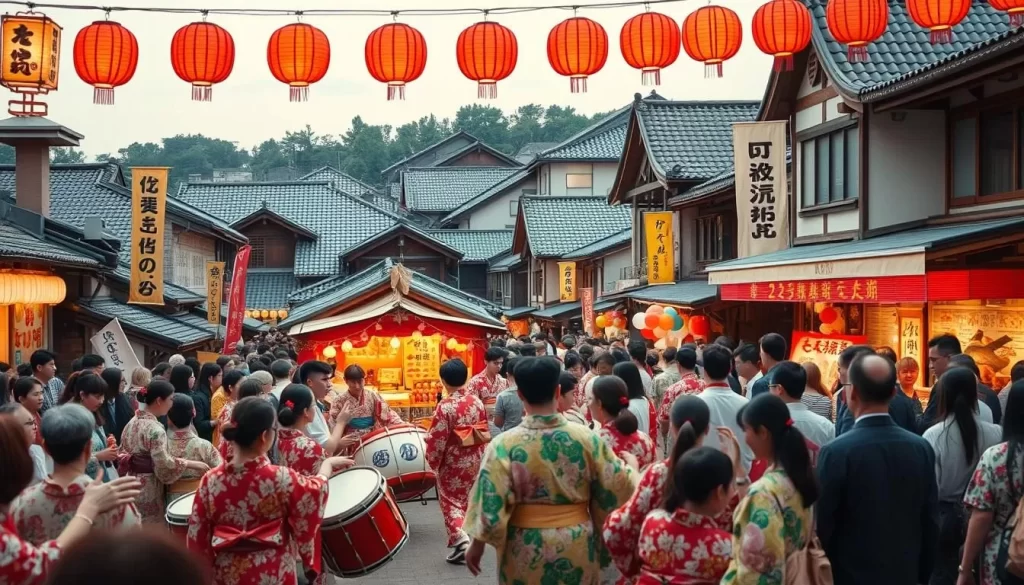A vibrant crowd gathers in a traditional Japanese town, celebrating the annual Fukushima festivals. Lanterns and banners adorn the streets, casting a warm glow over the scene. In the foreground, a group of locals in colorful yukata dance to the rhythm of taiko drums, their movements graceful and energetic. In the middle ground, stalls offer an array of delectable festival foods, from steaming takoyaki to colorful candy apples. In the background, the iconic tiled roofs of historic buildings frame the celebration, creating a timeless atmosphere. The image is captured with a wide-angle lens, allowing the viewer to immerse themselves in the lively festivities of Fukushima Prefecture.