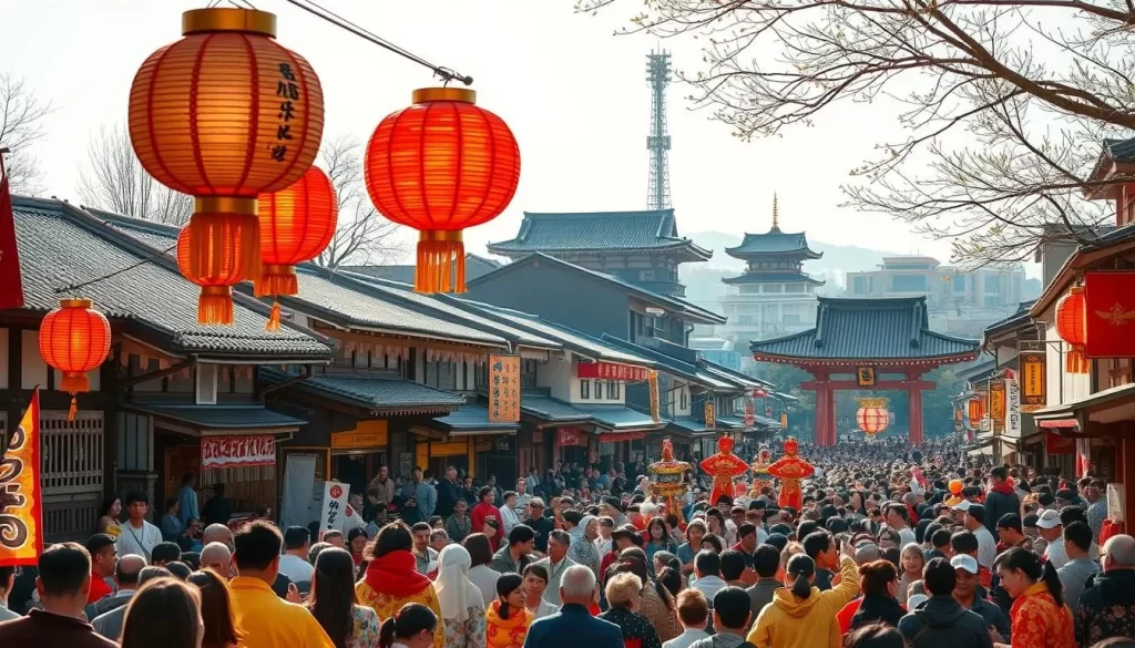 A vibrant crowd gathers in the ancient streets of Kyoto, dressed in colorful traditional attire, as they celebrate one of the city's renowned festivals. In the foreground, intricate lanterns and vibrant banners sway in the gentle breeze, casting a warm glow over the lively scene. In the middle ground, a traditional procession of drummers and dancers weaves its way through the throng, their energetic movements captured in a crisp, clear lens. In the background, the iconic buildings and shrines of Kyoto's historic district stand as a majestic backdrop, bathed in the soft, golden light of a perfect spring day. The atmosphere is one of joyous celebration, rich in the enduring traditions of this captivating city.