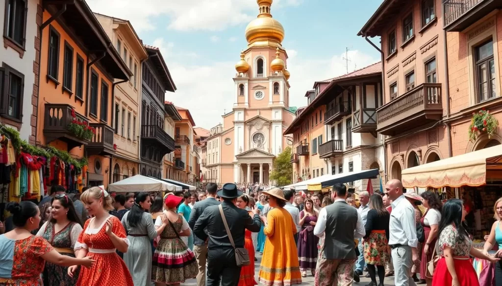 A vibrant cultural festival in the streets of a quaint Georgian town. In the foreground, colorfully dressed locals dance to the rhythmic beats of traditional music. Vendors offer an array of handmade crafts, textiles, and regional delicacies. In the middle ground, a towering orthodox church stands tall, its ornate domes and spires reflecting the warm sunlight. The background is filled with charming historic buildings, their facades adorned with intricate carvings and balconies. The atmosphere is lively and joyous, capturing the essence of Georgia's rich cultural heritage.