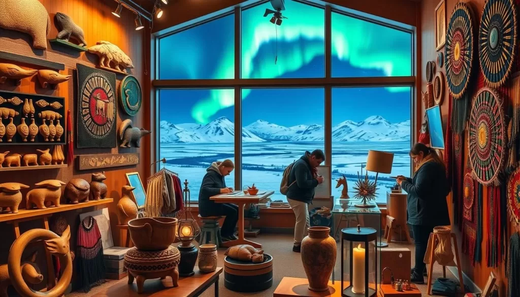 A vibrant, detailed scene of an Inuit art gallery in Pangnirtung, Nunavut. The foreground showcases a variety of traditional Inuit carvings, wall hangings, and intricate beadwork, displayed in a warm, softly lit interior. The middle ground features Inuit artists meticulously crafting their works, while the background depicts the picturesque Arctic landscape through large windows - snow-capped mountains, pristine fjords, and the ever-present northern lights. The scene exudes a sense of cultural immersion, inviting the viewer to appreciate the rich heritage and remarkable artistry of the Inuit people.