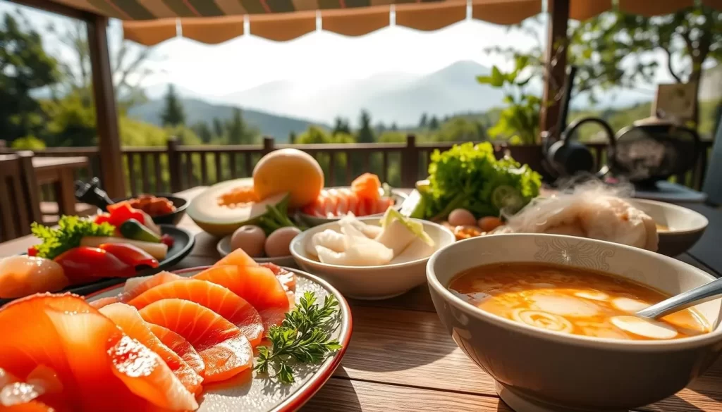 A vibrant display of Hokkaido's culinary delights, captured on a sunlit outdoor table. In the foreground, a platter of fresh sashimi, glistening with ocean-kissed elegance. Alongside, a steaming bowl of creamy, miso-infused ramen, its broth beckoning with umami richness. In the middle ground, a selection of local produce - juicy Furano melons, crisp Asahikawa vegetables, and hearty Sapporo potatoes. In the background, the misty silhouettes of Daisetsuzan mountains, a serene reminder of Hokkaido's breathtaking natural beauty. Soft, diffused lighting illuminates the scene, creating an inviting, nostalgic atmosphere that captures the essence of Hokkaido's renowned food culture.