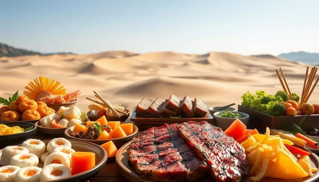 A vibrant display of Tottori's renowned local delicacies, set against a picturesque background of rolling hills and a clear blue sky. In the foreground, a mouthwatering array of freshly prepared dishes, including savory takoyaki, succulent seafood, and delicate wagashi sweets. The middle ground showcases the region's renowned Daisen beef, beautifully grilled and served with seasonal vegetables. In the background, the iconic Tottori Sand Dunes rise majestically, creating a serene and tranquil atmosphere. Warm, natural lighting casts a golden glow over the scene, highlighting the vibrant colors and textures of the local specialties. The overall composition evokes a sense of rustic charm and a celebration of Tottori's rich culinary heritage.