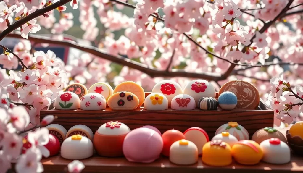 A vibrant display of traditional Japanese confections nestled against a backdrop of soft cherry blossoms. Delicate wagashi sweets, adorned with intricate patterns and vibrant hues, sit atop a wooden display. Sunlight filters through the delicate petals, casting a warm, inviting glow. In the foreground, a variety of mochi, dango, and other beloved treats tempt the senses. The scene evokes the serene and refined essence of Japanese culinary artistry, perfect for showcasing the must-try delicacies of Katsushika.