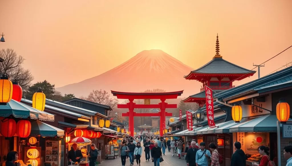A vibrant display of traditional Japanese festivals and celebrations against the backdrop of a serene Japanese landscape. In the foreground, a bustling street lined with colorful lanterns, paper umbrellas, and vendors offering typical Japanese street food. In the middle ground, a grand Shinto shrine with its iconic torii gate and worshippers in traditional attire. In the distance, a majestic Mount Fuji silhouetted against a golden sunset sky. Warm, soft lighting bathes the scene, creating a cozy, inviting atmosphere. The image captures the essence of Japan's rich cultural heritage and the joyous spirit of its national holidays.