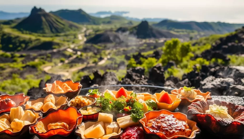 A vibrant display of volcanic-influenced delicacies against the backdrop of a lush, verdant landscape. In the foreground, an assortment of steaming, freshly prepared dishes, their textures and colors reflecting the dynamic interplay of earth and fire. Charred, caramelized surfaces juxtaposed with delicate, delectable fillings. A central arrangement of savory bites, complemented by a scattering of local produce and herbs. Warm, natural lighting casts an inviting glow, highlighting the artful presentation. In the middle ground, a glimpse of the undulating terrain, dotted with volcanic rock formations and verdant foliage. The distant horizon subtly hinted at, suggesting the broader context of this exceptional culinary experience within the Kirishima Kinkowan National Park.