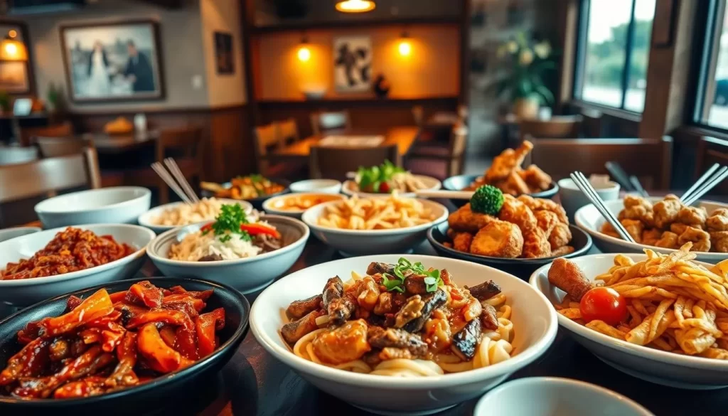A vibrant feast of authentic Korean cuisine, captured in vivid detail. In the foreground, a sumptuous spread of signature dishes - fragrant kimchi, tender bulgogi, savory japchae, and crisp Korean fried chicken, each item artfully presented. The middle ground showcases traditional Korean tableware, including delicate porcelain bowls and metal chopsticks, set against a backdrop of a cozy, rustic Korean restaurant interior, with warm lighting and natural wood accents. The overall mood is one of comfort, tradition, and the celebration of rich, flavorful Korean culinary heritage.