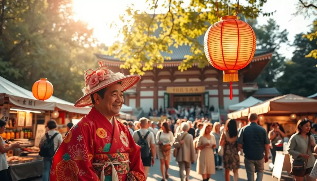 A vibrant festival guide stands in the foreground, dressed in a colorful kimono and holding a traditional paper lantern. In the middle ground, a bustling crowd of people wander past stalls selling crafts, street food, and other festival treats. The background features the iconic architecture of a Japanese shrine or temple, bathed in warm, golden sunlight filtering through the trees. The scene conveys a sense of joy, tradition, and cultural immersion, perfectly capturing the essence of a lively Japanese festival.