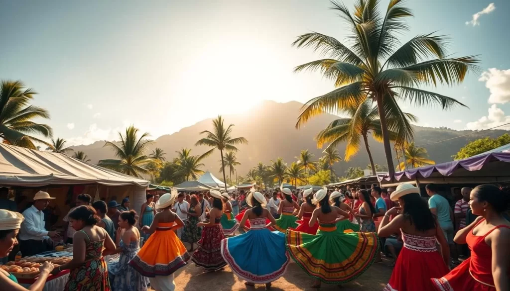 A vibrant festival in Reunion Island, with colorful traditional dancers swirling amidst a lively crowd. In the foreground, stalls brimming with local crafts and delicacies. In the middle ground, towering palm trees sway gently in the warm island breeze. In the background, a dramatic mountainous landscape bathed in golden sunlight. The mood is one of celebration, community, and cultural immersion. Capture this scene with a wide-angle lens, utilizing soft, diffused lighting to create a dreamlike, immersive atmosphere.