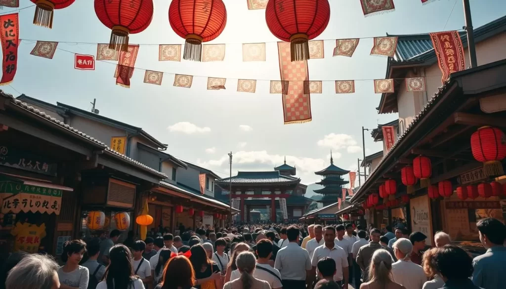A vibrant festival in Toyama Prefecture, Japan on a sun-dappled day. In the foreground, a lively crowd gathers around colorful traditional food stalls, their aromas wafting through the air. Intricate lanterns and banners sway overhead, casting a warm glow. In the middle ground, a stage showcases energetic taiko drummers, their powerful rhythms echoing through the streets. The background is filled with historic buildings and pagodas, their ancient architecture complementing the festive atmosphere. Soft, directional lighting highlights the vibrant textures and details, creating an inviting, immersive scene. A wide-angle lens captures the energy and scale of this captivating cultural celebration.