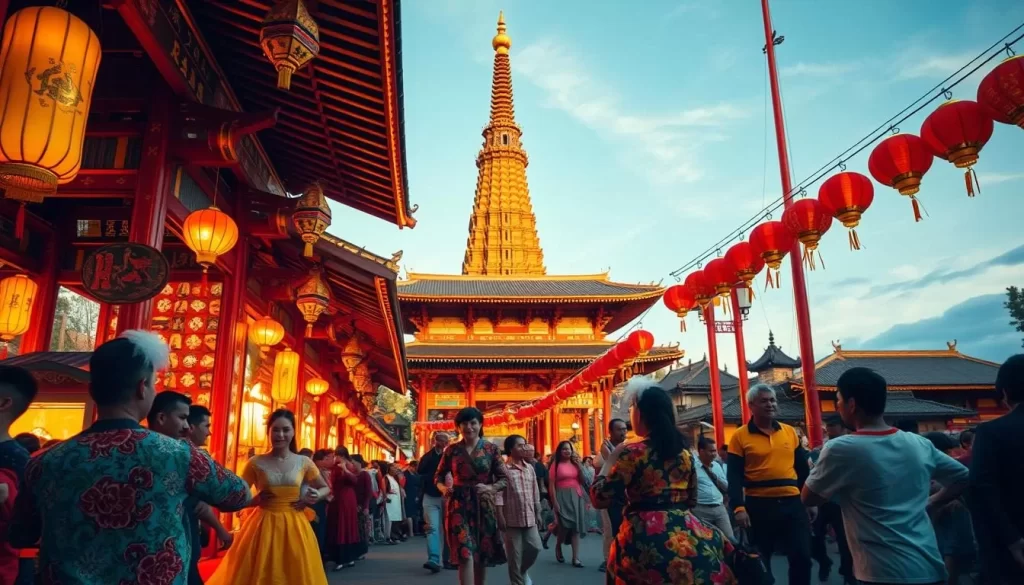 A vibrant festival scene at golden hour, captured through the lens of a professional photographer. In the foreground, colorfully dressed performers dance amidst a lively crowd, their movements frozen in time. The middle ground showcases the intricate details of traditional festival decorations and lanterns, casting a warm, ambient glow. In the background, the towering architecture of an ancient temple or shrine provides a majestic backdrop, framed by a cloudless sky. The image is composed with a shallow depth of field, drawing the viewer's attention to the captivating subjects. Crisp, high-resolution details and a cinematic, almost filmic aesthetic create a sense of immersion, transporting the viewer to the heart of this vibrant cultural celebration.