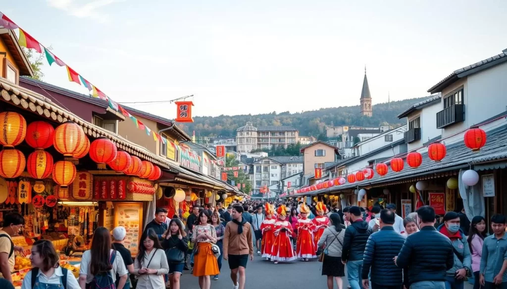 A vibrant festival scene in Gifu, Japan, with festively dressed attendees strolling through a bustling outdoor market. Colorful lanterns and banners hang from the rooftops, casting a warm glow over the lively atmosphere. In the foreground, vendors offer an array of traditional crafts, delicacies, and souvenirs. The middle ground features a parade of performers in elaborate costumes, dancing and playing traditional instruments. In the background, the historic architecture of Gifu provides a picturesque backdrop, bathed in the soft light of a pleasant afternoon. The overall mood is one of joyous celebration, immersing the viewer in the vibrant tapestry of Gifu's festival culture.