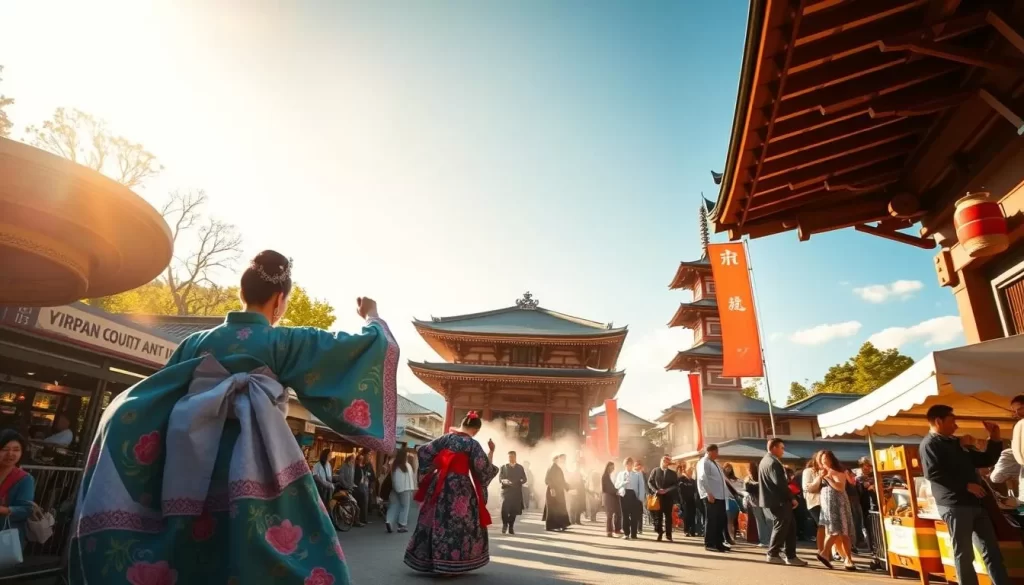 A vibrant festival scene in Hokkaido, Japan on a pleasant day. In the foreground, costumed performers engage in a traditional dance, their colorful kimonos swirling. In the middle ground, vendors sell steaming street food and artisanal crafts. In the background, a grand Shinto shrine stands majestically, its ornate architecture silhouetted against a clear, azure sky. Warm sunlight filters through, casting a golden glow over the lively festivities. The atmosphere is one of joyous celebration, immersing the viewer in the rich cultural heritage of Hokkaido.