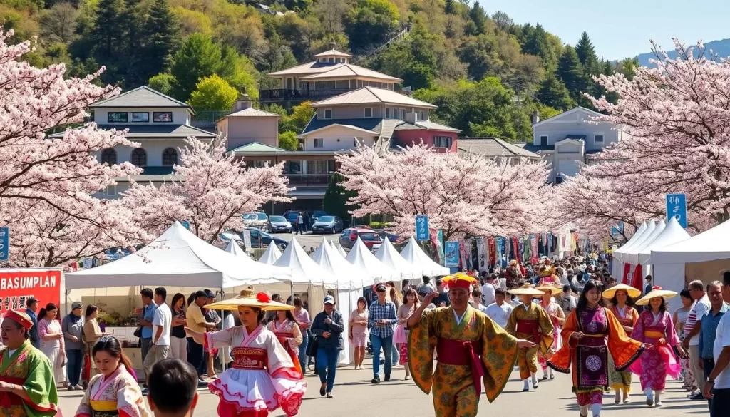 A vibrant festival scene in Kumamoto, Japan on a sunny day. In the foreground, colorfully dressed performers dance and parade through the streets, their intricate costumes and lively movements capturing the festive spirit. In the middle ground, stalls and tents line the roads, offering traditional Japanese delicacies, crafts, and cultural displays. In the background, historic buildings and cherry blossom trees provide a picturesque backdrop, bathed in warm, golden light. The atmosphere is one of joy, community, and celebration of Kumamoto's rich cultural heritage.