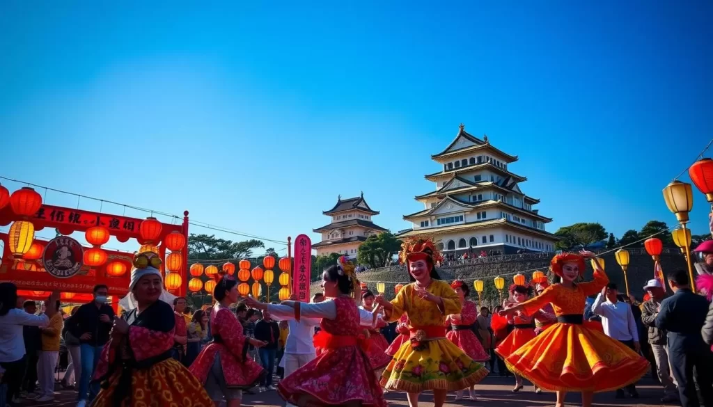 A vibrant festival scene in Kumamoto, Japan. In the foreground, colorfully dressed performers dance and twirl, their traditional costumes and masks captivating the crowd. In the middle ground, lanterns and banners flutter in the gentle breeze, casting a warm, golden glow over the lively celebration. In the background, the iconic Kumamoto Castle towers majesically, its ancient walls and turrets silhouetted against a clear, azure sky. The atmosphere is one of joyous revelry, as the people of Kumamoto come together to celebrate their rich cultural heritage with music, food, and time-honored traditions.