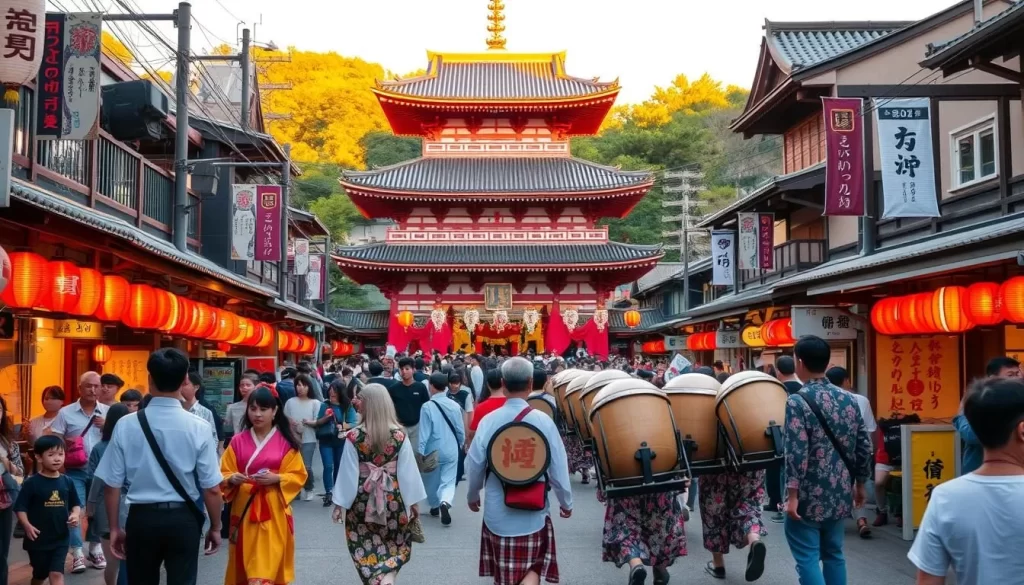 A vibrant festival scene in Mie Prefecture, Japan. In the foreground, a group of people in colorful traditional attire stroll through a bustling street lined with lanterns and paper decorations. In the middle ground, a stage showcases a lively performance of taiko drummers, their rhythmic beats echoing through the air. The background features the iconic pagoda-style architecture of a nearby shrine, bathed in warm golden light. The atmosphere is one of festive energy and cultural celebration, inviting visitors to immerse themselves in the rich traditions of the region.