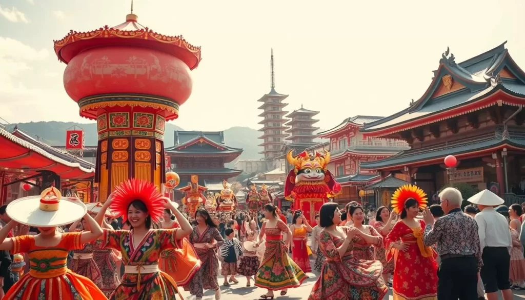 A vibrant festival scene in Saga Prefecture, Japan, unfolds under a bright, sun-dappled sky. In the foreground, colorfully dressed locals dance and twirl, their traditional costumes and masks creating a captivating spectacle. In the middle ground, ornate festival floats and lanterns parade through the streets, their intricate designs and vibrant hues reflecting the region's rich cultural heritage. The background features the iconic landmarks of Saga, such as historic temples and shrines, creating a stunning backdrop for the joyous festivities. The overall atmosphere is one of celebration, community, and deep respect for Saga's time-honored traditions.