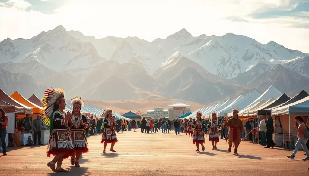 A vibrant festival scene in the Northwest Territories, Canada. In the foreground, a group of Indigenous dancers adorned in traditional regalia perform a lively routine, their movements graceful and rhythmic. In the middle ground, colorful tents and booths line the streets, offering a variety of local crafts, artwork, and delicious regional cuisine. In the background, the rugged, snow-capped mountains of the Northwest Territories provide a stunning natural backdrop, bathed in warm, golden sunlight. The atmosphere is festive and celebratory, capturing the rich cultural heritage and vibrant spirit of the region.