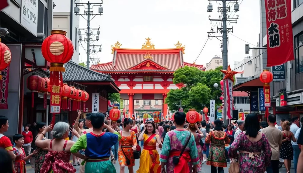 A vibrant festival scene unfolds in Osaka, Japan. In the foreground, colorfully dressed revelers dance and parade with traditional lanterns and banners, their joyful movements captured in a soft, natural lighting. The middle ground reveals an ornate shrine or temple, its intricate architecture and vibrant red accents a stunning backdrop to the festivities. In the distance, the bustling streets of Osaka are visible, hinting at the city's lively energy. The overall atmosphere is one of cultural celebration, with a warm, inviting mood that transports the viewer to the heart of this vibrant festival.