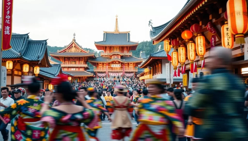 A vibrant gathering of unique Japanese festivals, showcasing the rich cultural heritage of Mie Prefecture. In the foreground, colorfully dressed performers engage in lively dances, their movements captured in a dynamic blur. The middle ground features intricate shrines and ornate temples, their ornate architecture bathed in warm, golden light. The background reveals a bustling crowd, immersed in the festive atmosphere, with traditional lanterns and banners adorning the scene. The overall mood is one of joyous celebration, conveying the essence of Mie's vibrant festival culture.