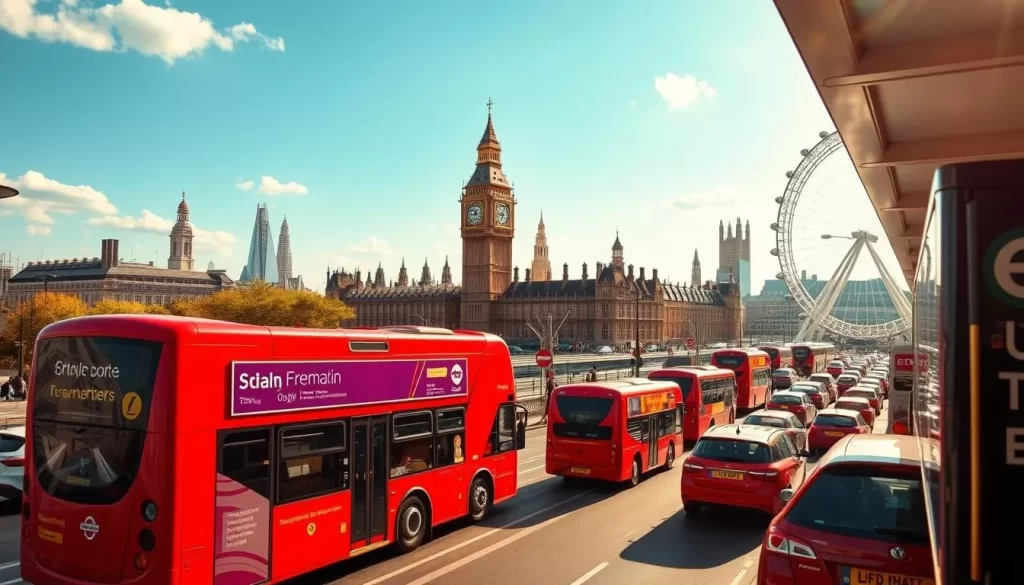 A vibrant, high-resolution image of the London transportation network, showcasing the distinct zones that make up the city's public transit system. Depict a sunny day with a clear sky, casting a warm, natural light across the cityscape. In the foreground, prominently display the iconic red double-decker buses and black cabs, symbols of London's transportation. In the middle ground, illustrate the bustling tube stations and overground rail lines, with passengers hurrying to and fro. In the background, capture the stunning architecture of London's landmarks, such as the Palace of Westminster and the London Eye, providing a sense of place. Render this scene with a level of detail that captures the efficiency and interconnectedness of the city's public transportation network.