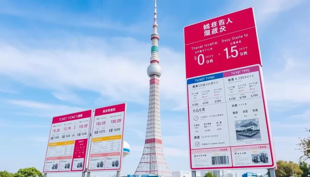 A vibrant, high-resolution image showcasing the various ticket options and prices for Tokyo Skytree, Japan's tallest free-standing structure. Set against a clear sky and the iconic Skytree tower, the scene depicts a well-organized display of ticket types, with detailed pricing information and visuals to help visitors easily navigate their options. The image should convey a sense of informative clarity and visual appeal, seamlessly blending the practical details with the architectural grandeur of the Skytree landmark.