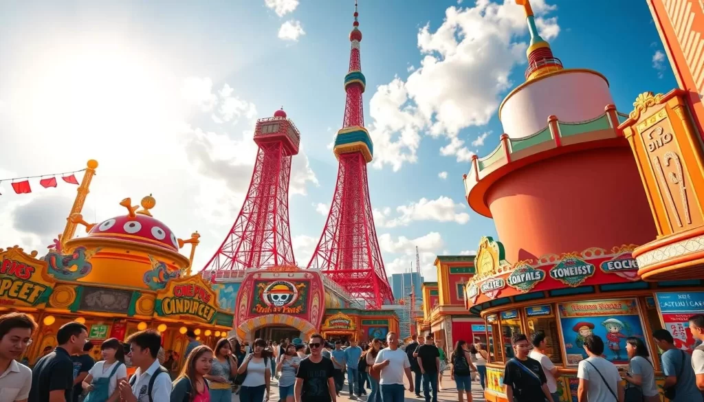 A vibrant interpretation of the One Piece Tower attractions set against the iconic backdrop of Tokyo Tower. In the foreground, a bustling crowd explores the whimsical rides and carnival-esque games, their faces alight with delight. The middle ground features the towering One Piece structure, its distinctive architectural elements meticulously rendered. In the background, the majestic Tokyo Tower rises, its latticed steel frame silhouetted against a bright, sun-dappled sky. Warm lighting casts a cheerful glow over the entire scene, conveying a sense of energy and excitement. Capture this lively, immersive atmosphere of the One Piece Tower, a captivating fusion of Japanese cultural landmarks and beloved anime characters.