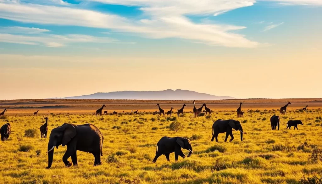 A vibrant landscape in Namibia's Etosha National Park, bathed in golden afternoon light. A majestic elephant family grazes in the lush, verdant foreground, their powerful forms casting long shadows. In the middle ground, a herd of graceful giraffes saunters across the savanna, their long necks silhouetted against the distant rolling hills. The sky above is a tranquil blend of soft blues and wispy clouds, creating a serene, weather-perfect atmosphere. Capture the essence of Namibia's prime travel season with this captivating wildlife scene.