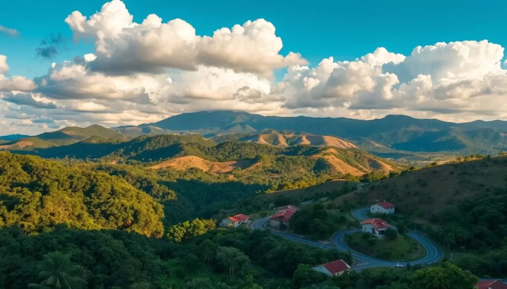 A vibrant landscape of Honduras' diverse climate regions, bathed in warm, golden sunlight. The lush, verdant tropical forests of the Central Highlands give way to the arid, rolling hills of the Southern interior. Winding mountain roads lead past tranquil villages, their red-tiled roofs contrasting against the rugged peaks in the distance. Fluffy cumulus clouds drift overhead, casting playful shadows across the undulating terrain. A serene scene that captures the essence of Honduras' varied weather and topography, perfect for a weather-savvy traveler's explorations.