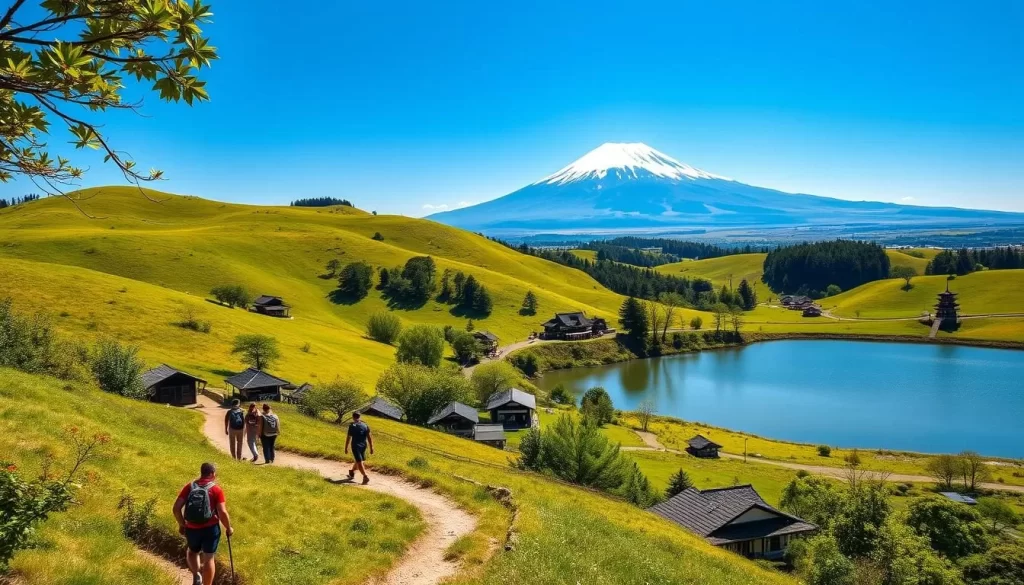 A vibrant landscape of rolling hills, lush greenery, and a tranquil lake, bathed in the warm glow of a sunny day. A group of hikers exploring a winding trail, capturing the serene beauty of the countryside. In the distance, the silhouette of Mount Fuji stands tall, its snow-capped peak reaching towards the azure sky. Picturesque cottages and traditional Japanese architecture dot the scene, creating a charming and authentic atmosphere. The composition features a balanced interplay of foreground, middle ground, and background elements, inviting the viewer to immerse themselves in the scenic day trip from Tokyo.