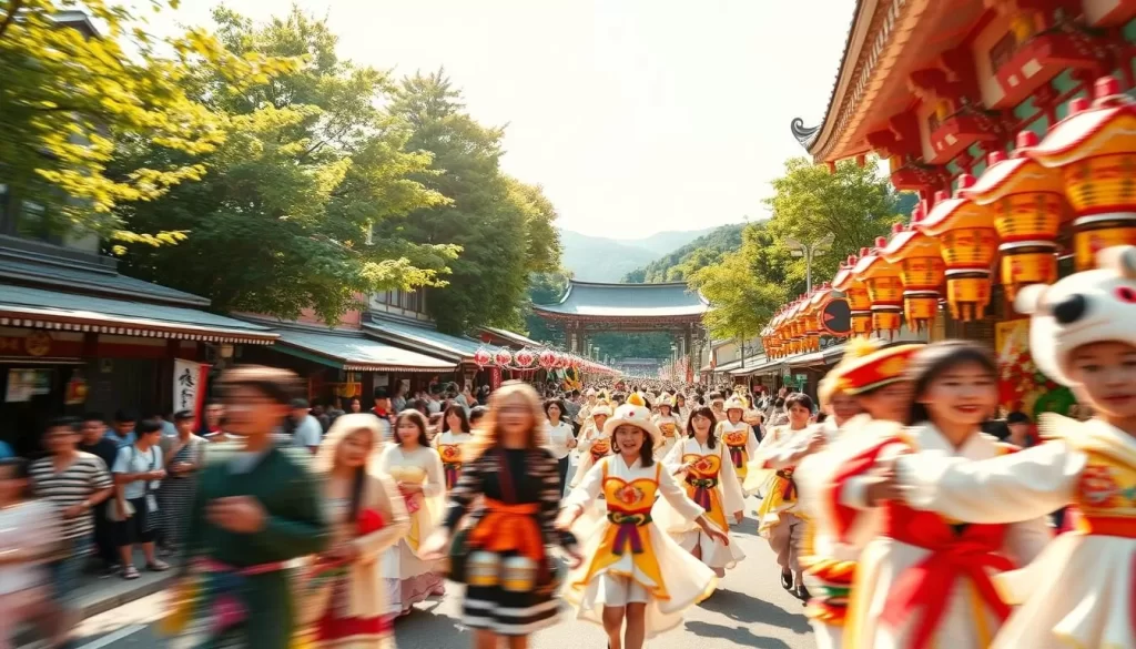A vibrant landscape showcasing the cultural festivals of Aomori Prefecture, Japan. In the foreground, colorful parade floats and costumed performers dance through the streets, their movements captured in a dynamic blur. The middle ground features lively crowds of locals and tourists, their expressions filled with wonder and joy. In the background, traditional Japanese architecture and lush greenery provide a serene yet celebratory backdrop. Warm, golden sunlight filters through the scene, casting a festive glow and highlighting the intricate details of the festival attire and decorations. The overall atmosphere conveys the deep cultural significance and communal spirit of these beloved Aomori traditions.
