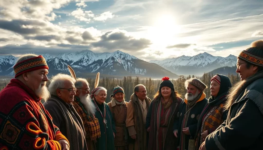A vibrant landscape showcasing the diverse indigenous languages of Yukon, Canada. In the foreground, a group of elders and community members gather, engaged in animated conversation, their traditional garments and facial features reflecting the rich cultural heritage. In the middle ground, a breathtaking backdrop of snow-capped mountains and pristine boreal forests, with the sun's warm rays filtering through the canopy. The atmosphere is one of celebration, wisdom, and the enduring spirit of the indigenous peoples, as they preserve and share their linguistic traditions. The scene is captured with a cinematic, wide-angle lens, conveying a sense of grand scale and immersive experience.