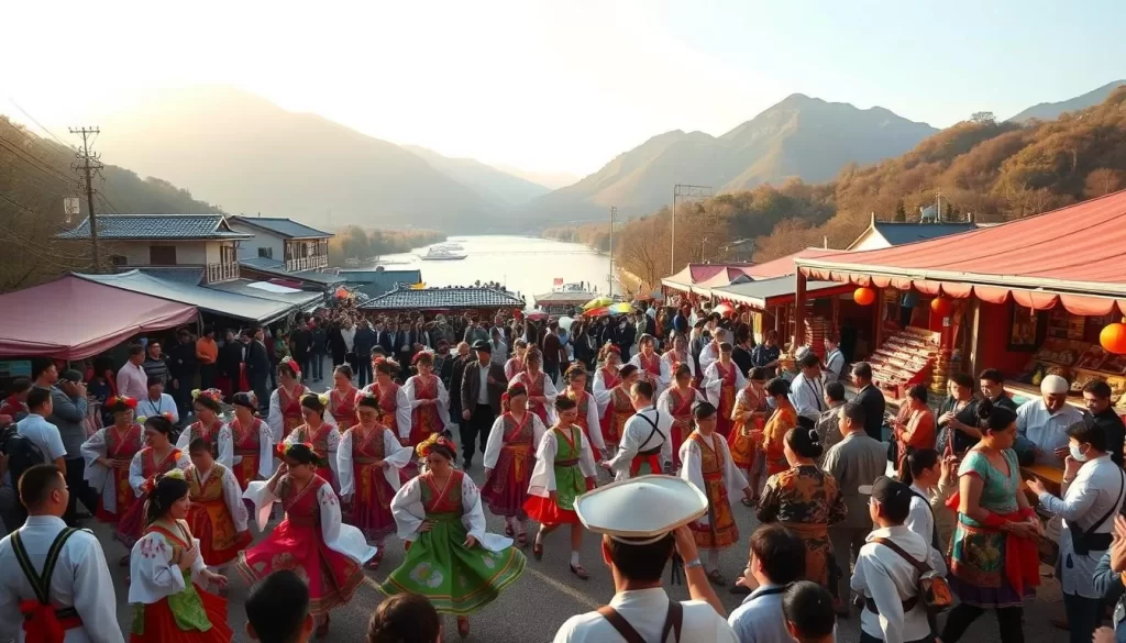 A vibrant, lively scene of Niigata Prefecture's top festivals, showcasing the rich cultural heritage of the region. In the foreground, a colorful parade of traditional dancers and musicians in elaborate costumes, their movements fluid and energetic. In the middle ground, stalls offering an array of local delicacies and handcrafted goods, their owners interacting with the lively crowd. In the background, towering mountains and a serene river, bathed in warm, golden light, creating a picturesque, idyllic atmosphere. The overall mood is one of celebration, community, and deep-rooted traditions.