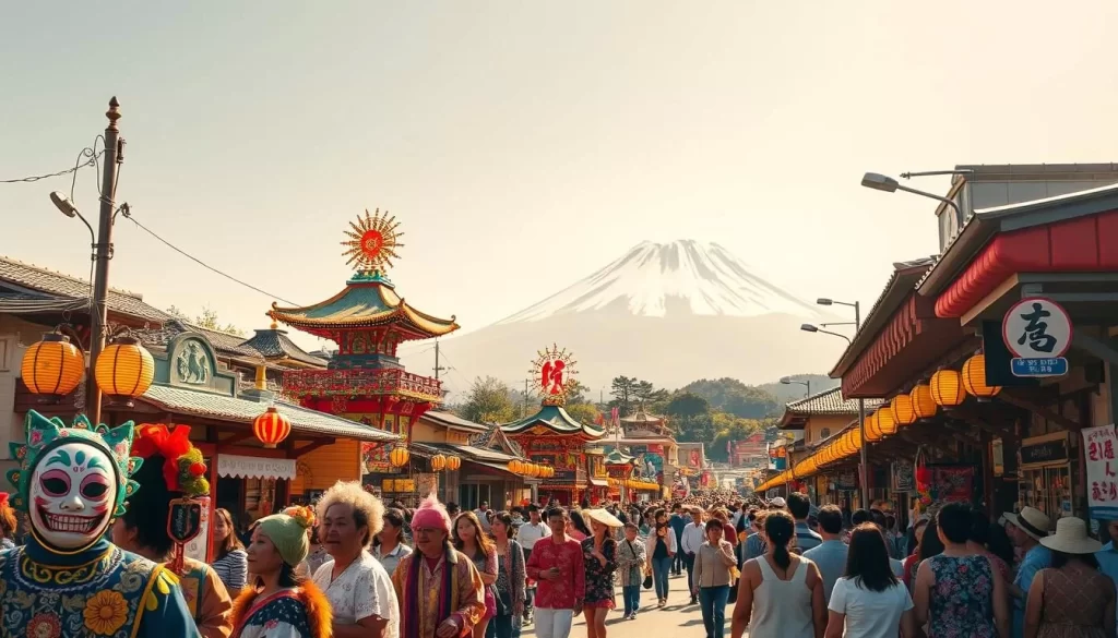 A vibrant, lively scene of Shizuoka's traditional festivals unfolds before the viewer. In the foreground, colorfully dressed festival-goers parade through the streets, their vibrant costumes and masks creating a whimsical, celebratory atmosphere. In the middle ground, ornate festival floats and lanterns dot the landscape, their intricate designs and bright hues reflecting the rich cultural heritage of the region. In the background, the iconic Mount Fuji towers majestically, its snow-capped peak casting a serene, almost otherworldly glow over the festivities. The warm, golden light of a sunny day bathes the entire scene, creating a sense of joy, wonder, and timeless tradition.
