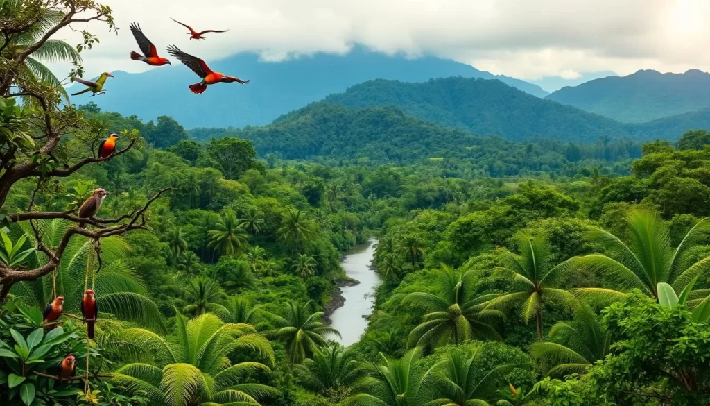 A vibrant, lush landscape of Corcovado National Park, Costa Rica. In the foreground, a diverse array of tropical wildlife thrives - colorful birds soar overhead, monkeys playfully swing from tree branches, and a jaguar prowls through the undergrowth. The middle ground showcases the park's verdant rainforest, with towering palm trees and a winding river cutting through the scene. In the background, rugged mountains rise up, their peaks shrouded in a soft, atmospheric haze. Warm, diffused lighting filters through the canopy, creating a serene, tranquil atmosphere that captures the essence of this remarkable natural wonder.