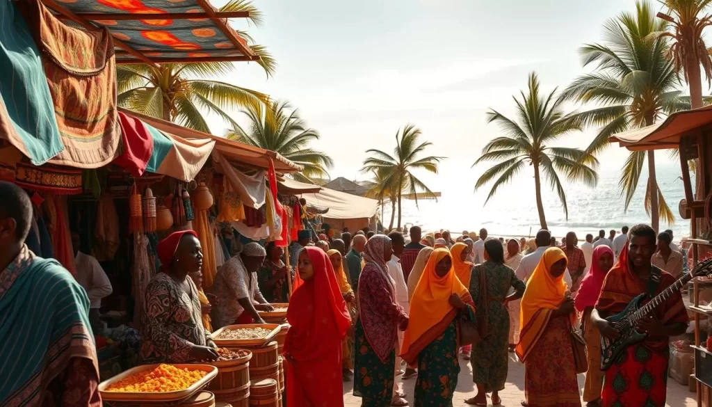 A vibrant marketplace in the heart of Mogadishu, bustling with lively Somali festivities. Colorful stalls selling traditional wares, intricate textiles, and fragrant spices. Locals adorned in ornate Somali attire, engaging in animated conversations and lively music. In the background, a stunning coastal landscape with swaying palm trees and the glistening Indian Ocean. The scene is bathed in warm, golden sunlight, creating a welcoming, authentic atmosphere. Capture the sights, sounds, and energy of a quintessential Somali cultural festival, inviting the viewer to immerse themselves in the rich traditions of this vibrant nation.
