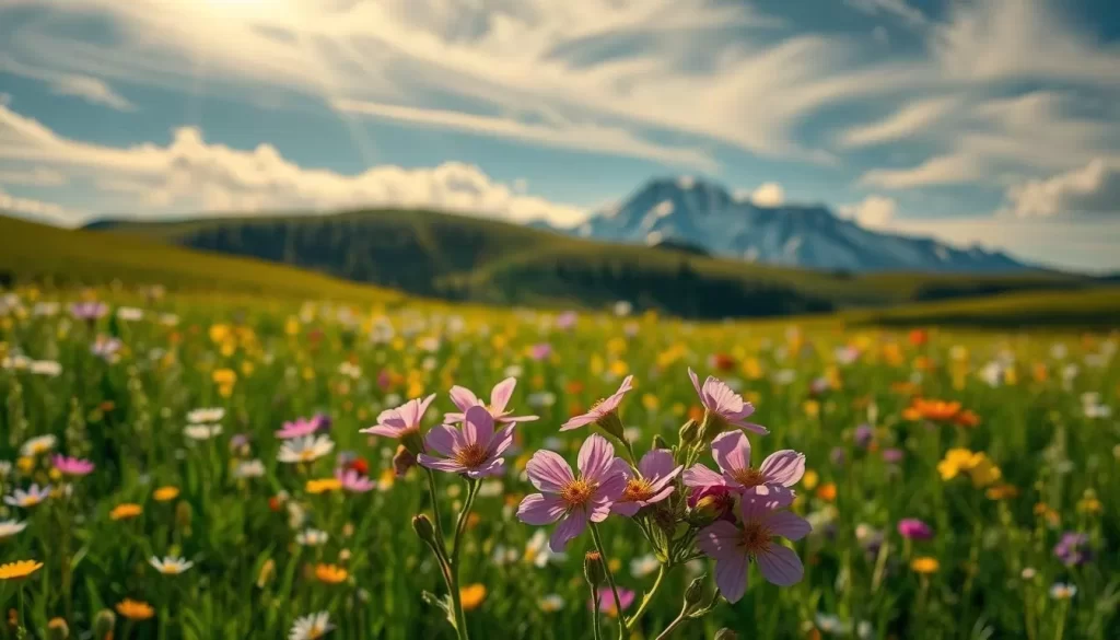 A vibrant meadow filled with a lush carpet of spring wildflowers, bathed in warm, golden sunlight filtering through wispy clouds. In the foreground, a bouquet of delicate blooms sways gently in a soft breeze - colorful petals of pink, purple, yellow, and white. The middle ground features a rolling hill dotted with clusters of wildflowers, their stems swaying in harmony. In the distance, a picturesque mountain range rises, its peaks capped with a dusting of snow. The overall scene exudes a sense of tranquility and the rejuvenation of nature's annual rebirth.
