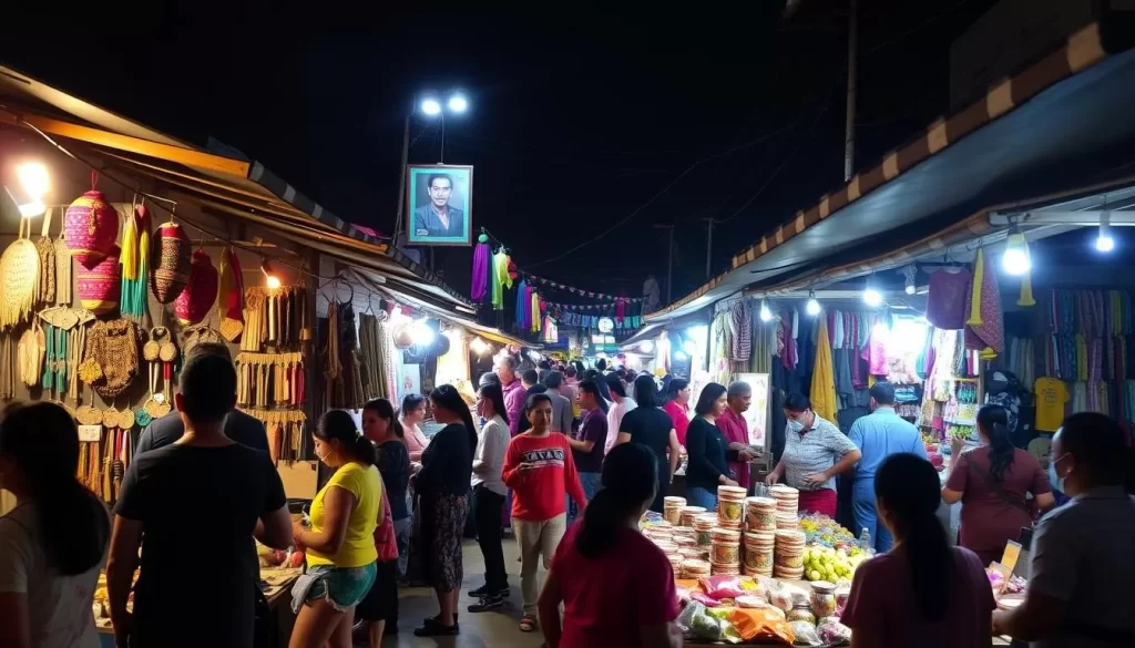 A vibrant night market scene in Nahuizalco, with local artisans selling handmade crafts.