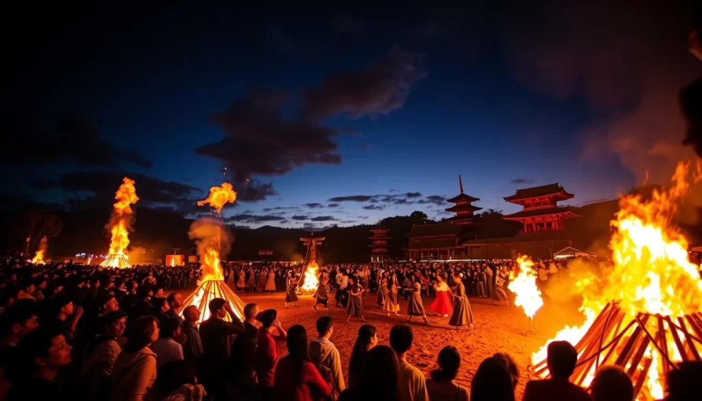 A vibrant night sky illuminates the Fukushima fire festival, where towering bonfires cast a warm, flickering glow over the serene landscape. In the foreground, people gather around the flames, their faces aglow with fascination as they witness the captivating spectacle. In the middle ground, traditional dancers twirl and sway, their intricate costumes and graceful movements adding to the enchanting atmosphere. In the distance, the silhouettes of ancient temples and shrines stand as silent witnesses to this age-old celebration of light and community. The scene is captured through a wide-angle lens, allowing the viewer to fully immerse themselves in the captivating and awe-inspiring Fukushima fire festival.