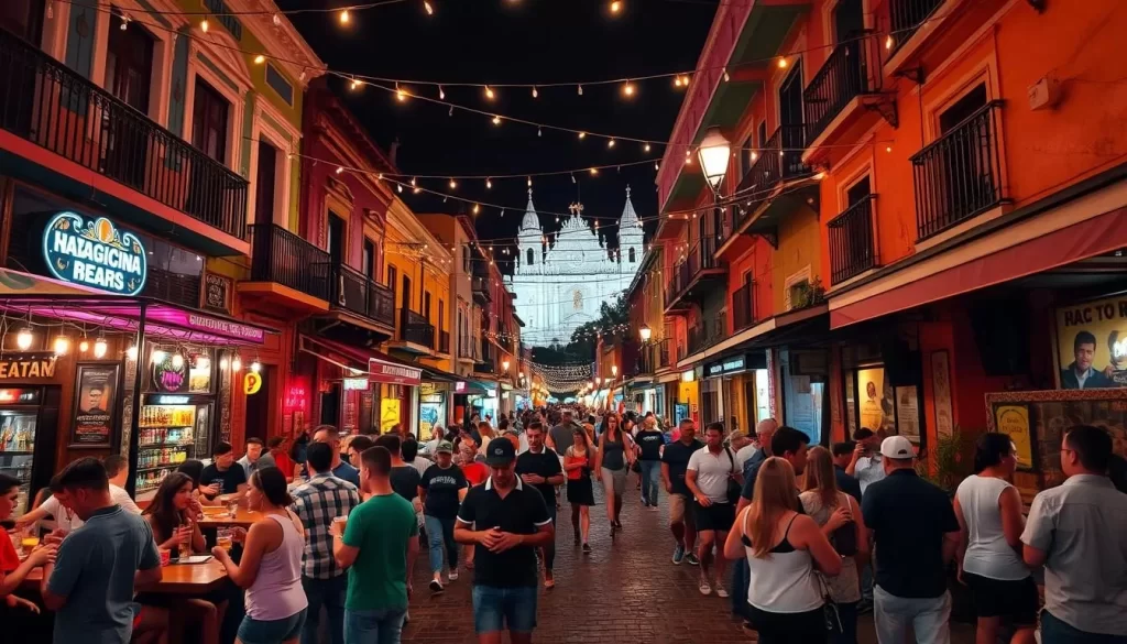 A vibrant nightlife scene on Calle La Calzada in Granada, Nicaragua. The cobblestone street is lined with lively bars, restaurants, and colorful facades. Patrons spill out onto the sidewalks, sipping local beer and cocktails. Strings of festive lights criss-cross overhead, casting a warm glow. In the distance, the iconic Cathedral of Granada towers over the bustling nightlife. A mix of locals and tourists mingle, creating a lively, atmospheric ambiance. The scene is captured with a wide-angle lens, showcasing the energy and energy of this iconic Nicaraguan destination.