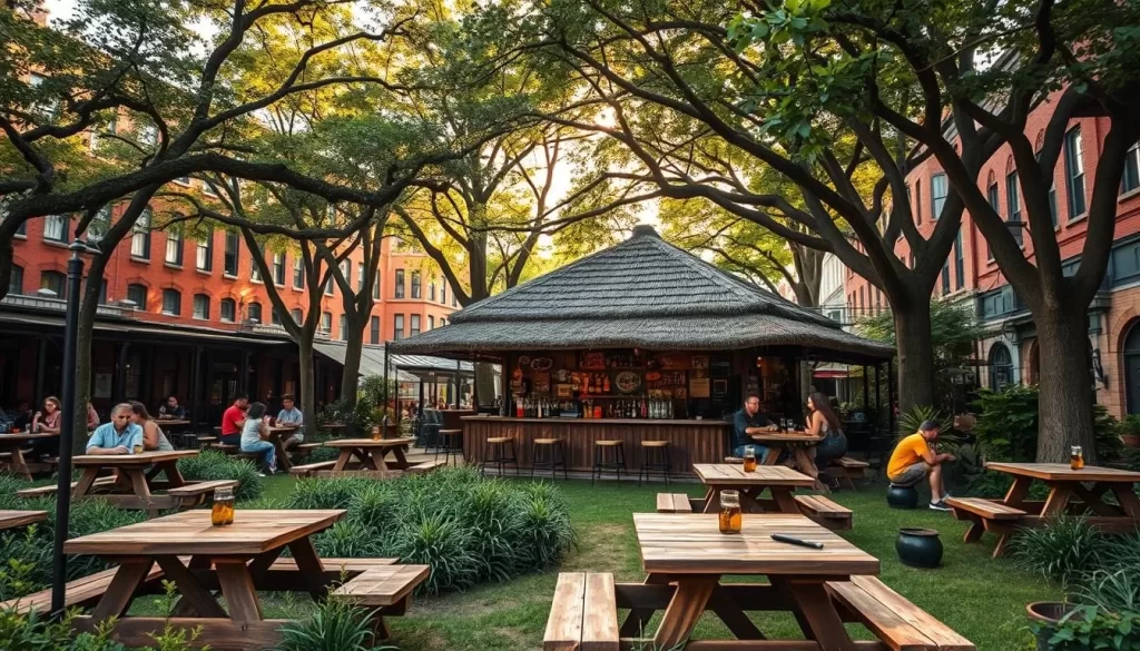 A vibrant outdoor beer garden in the heart of Memphis, Tennessee. In the foreground, wooden picnic tables and benches are scattered throughout a lush, verdant landscape, inviting guests to relax and enjoy their drinks. In the middle ground, a rustic wooden bar with a thatched roof stands as the focal point, its walls adorned with vintage Memphis memorabilia. Behind it, a backdrop of historic brick buildings and towering trees creates a charming, intimate atmosphere. Warm, golden sunlight filters through the canopy, casting a cozy glow over the entire scene. The overall mood is one of laid-back Southern hospitality, perfect for locals and visitors alike to gather and experience a unique slice of Memphis culture.
