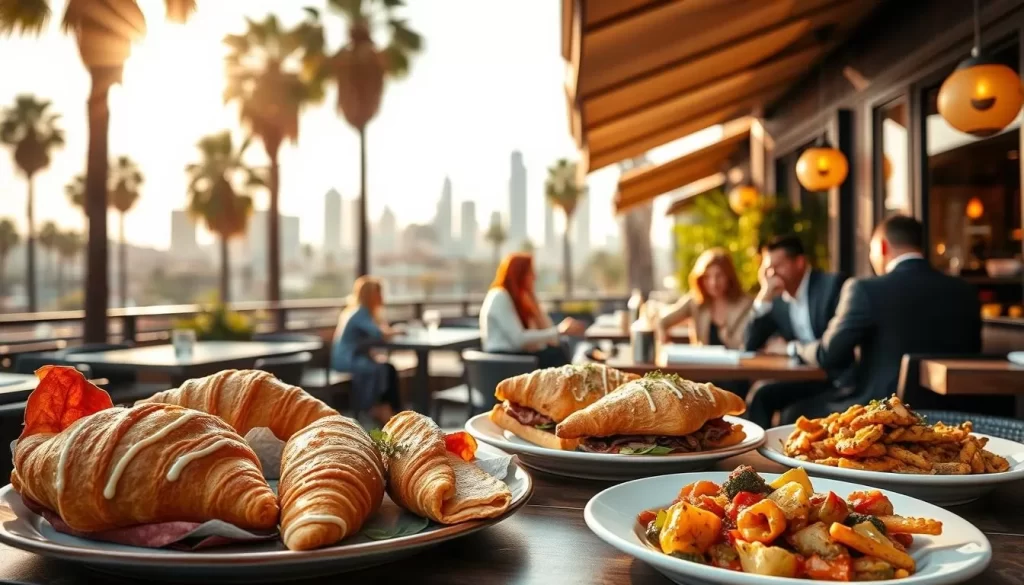 A vibrant outdoor cafe setting in Los Angeles, with a foreground display of mouthwatering French dishes - crisp golden croissants, decadent croque monsieurs, and a fragrant ratatouille. The middle ground features smartly dressed diners enjoying their meals al fresco, set against a backdrop of palm trees and a sun-dappled city skyline. Warm, golden lighting creates a cozy, inviting atmosphere, while a slight breeze gently stirs the linen tablecloths. The scene captures the essence of French culinary delights thriving in the dynamic cultural tapestry of Los Angeles.