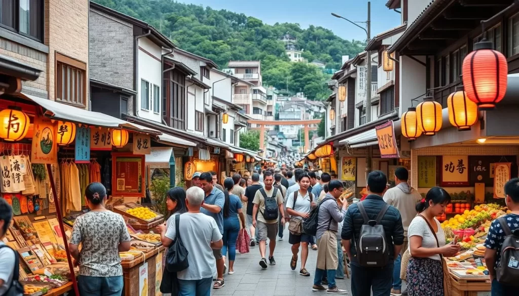 A vibrant outdoor festival in Okayama, Japan, with locals and visitors immersed in traditional culture and sustainable practices. Colorful stalls selling local crafts and organic produce line the streets, their natural textures and earthy tones complementing the scenic backdrop of historic buildings. Visitors mingle, sampling regional cuisine and attending eco-friendly workshops, their faces lit by the warm glow of paper lanterns. In the distance, a traditional taiko drum performance resonates, its rhythmic beats infusing the atmosphere with an authentic, celebratory spirit. The scene conveys a harmonious fusion of modernity and timeless tradition, showcasing Okayama's commitment to sustainable tourism and the preservation of its cultural heritage.