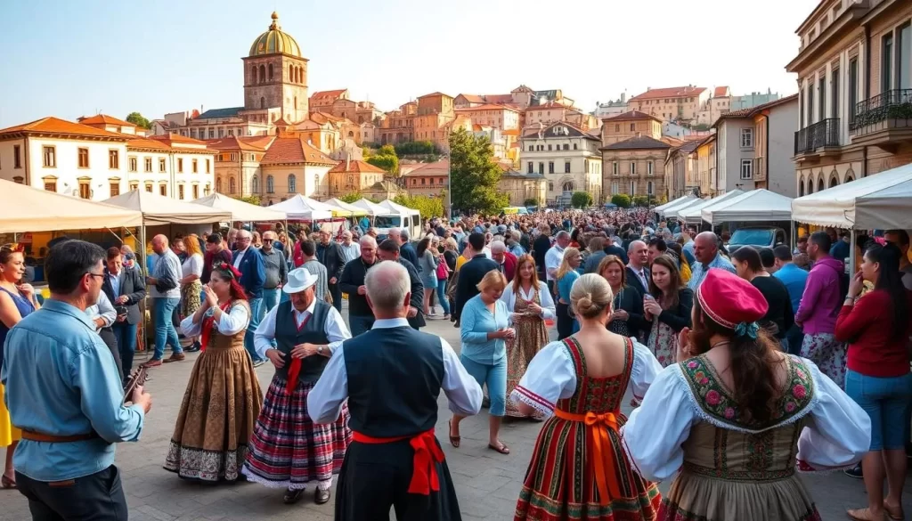 A vibrant outdoor festival in the heart of Georgia's historic capital, Tbilisi. In the foreground, local musicians and dancers perform traditional Georgian folk dances, their colorful costumes and lively movements capturing the energy of the celebrations. In the middle ground, a bustling crowd of locals and tourists mingle, sampling delicious regional cuisine from vendors' stalls and browsing handcrafted goods. In the background, the ancient, picturesque architecture of Tbilisi's Old Town provides a stunning backdrop, bathed in warm, golden sunlight. The atmosphere is festive and joyous, inviting visitors to immerse themselves in the rich cultural tapestry of this enchanting European nation.