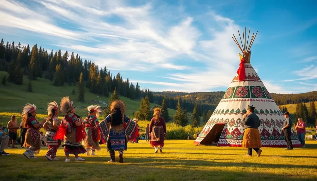 A vibrant outdoor scene in Alberta, Canada, showcasing the rich cultural heritage of the region's Indigenous communities. In the foreground, a group of dancers in traditional regalia perform a ceremonial dance, their colorful costumes and intricate movements captivating the viewer. In the middle ground, a large teepee stands proudly, its intricate patterns and designs reflecting the artistry of the local First Nations. The background features a lush, rolling landscape dotted with pine trees, the sky a serene blue with wispy clouds. The warm, golden lighting casts a soft, celebratory glow over the entire scene, evoking a sense of warmth, community, and deep cultural connection.