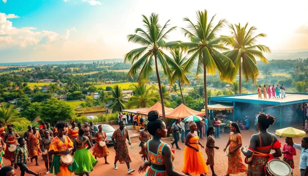 A vibrant outdoor scene of a Ghanaian festival, captured on a warm summer day. In the foreground, a colorful parade of dancers adorned in traditional costumes, their movements synchronized to the rhythmic beats of drums. In the middle ground, a bustling marketplace filled with vendors selling handcrafted goods, the air alive with the mingling scents of spices and grilled delicacies. In the background, a panoramic view of lush, verdant landscapes dotted with palm trees, under a sky painted in soft hues of blue and golden sunlight. The atmosphere is one of joy, celebration, and cultural heritage, inviting the viewer to immerse themselves in the vibrant spirit of Ghana's festivals.