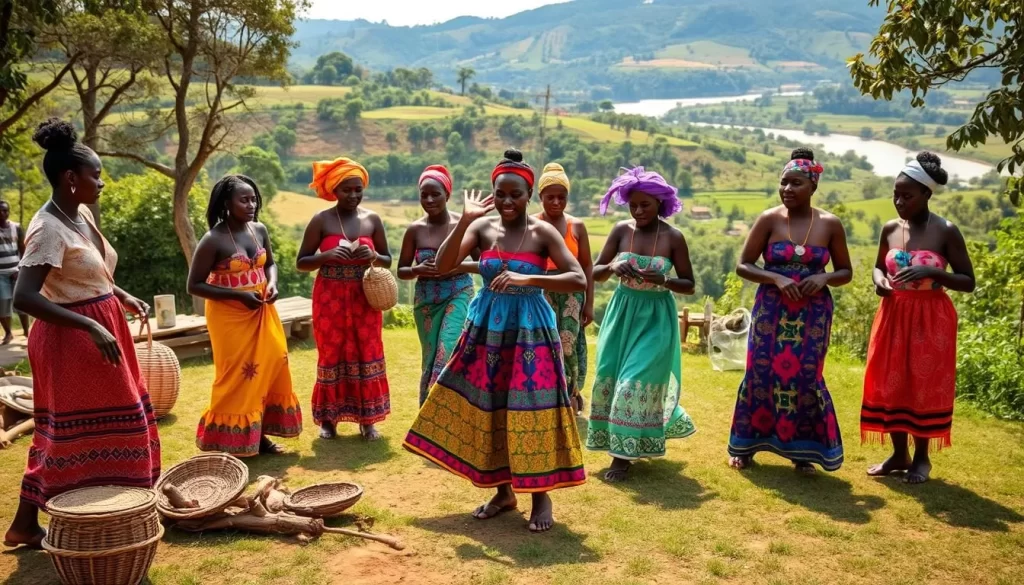 A vibrant outdoor scene showcasing the cultural essence of Burundi. In the foreground, a group of locals dressed in colorful traditional attire perform an energetic dance, their movements accentuated by the warm, natural lighting. In the middle ground, artisans craft intricate woven baskets and woodcarvings, while in the background, a lush, verdant landscape with rolling hills and a glimpse of a river or lake sets the stage for this captivating display of Burundian cultural richness. The overall mood is one of celebration, community, and a deep connection to the land and heritage.