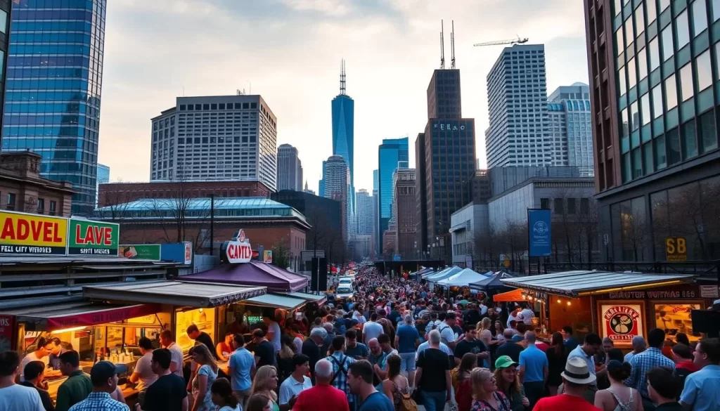 A vibrant outdoor scene showcasing the diverse culinary offerings of Chicago's bustling streets. In the foreground, a lively crowd gathers around food trucks and local eateries, their colorful menus and enticing aromas drawing in passersby. The middle ground features a mix of modern and historic architecture, with the iconic skyline of the Windy City rising majestically in the background, bathed in the warm glow of the afternoon sun. The scene exudes an atmosphere of energy, creativity, and a deep appreciation for the city's rich gastronomic traditions.