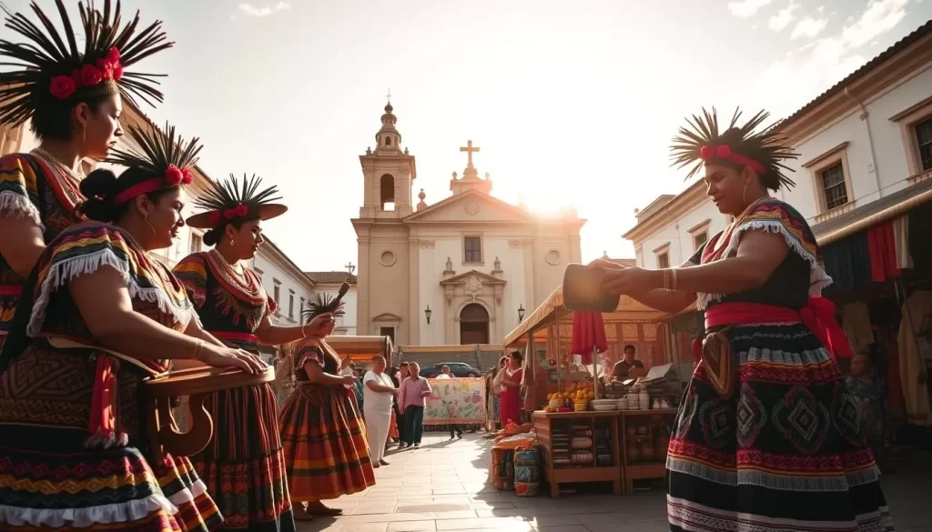 A vibrant pageant of colors and traditions unfolds in a Guatemalan town square. In the foreground, indigenous dancers sway to the rhythmic beats of marimba music, adorned in intricate, handwoven costumes. In the middle ground, vendors sell an array of local crafts and delicacies, their stalls overflowing with textiles, ceramics, and fragrant street food. The background is dominated by a towering church, its colonial architecture a testament to the country's rich cultural heritage. Warm, golden sunlight casts a gentle glow over the lively scene, capturing the celebratory spirit and deep-rooted traditions of Guatemalan festivals.