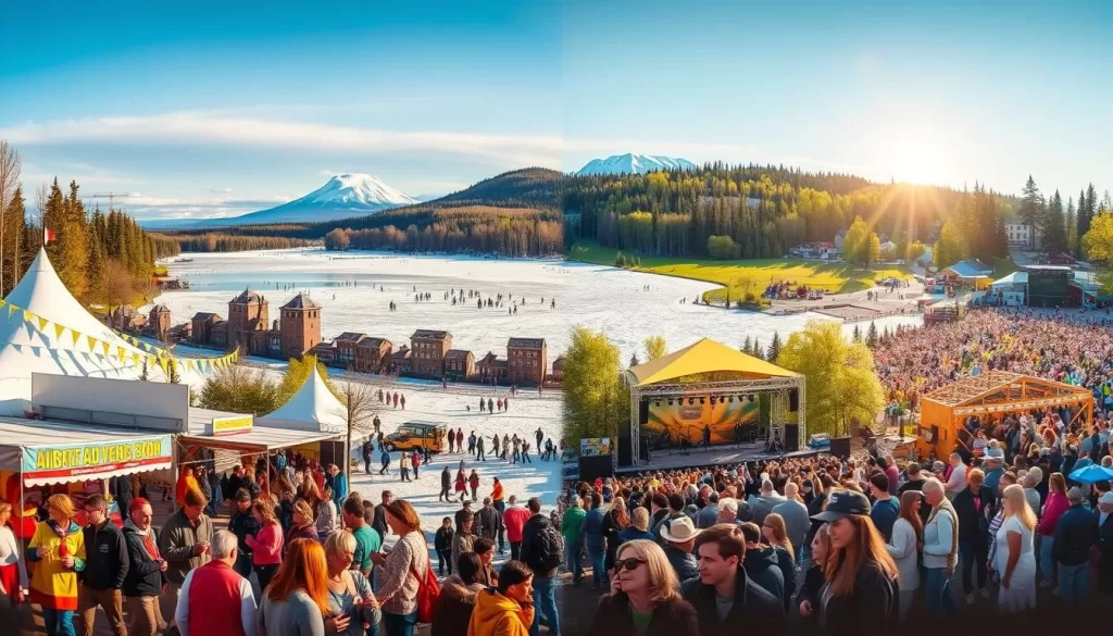 A vibrant, panoramic scene depicting Alberta's top festivals throughout the four seasons. In the foreground, a lively celebration with colorful banners, food stalls, and costumed revelers. The middle ground showcases a serene winter landscape, with skaters gliding across a frozen lake and families building snowmen. In the background, a verdant spring festival unfolds, with flower-adorned stages and artisans selling handcrafted wares. Warm summer sunlight bathes an outdoor music festival, with crowds swaying to the rhythm. The lighting is natural and atmospheric, capturing the essence of each season. The composition is well-balanced, drawing the viewer's eye through the different festival scenes. An inviting, immersive depiction of Alberta's vibrant cultural tapestry.